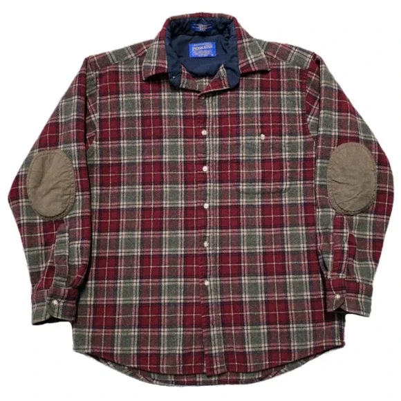 Pendleton Red Green Brown Plaid Virgin Wool Flannel Shirt Elbow Patch Mens M - Picture 16 of 16